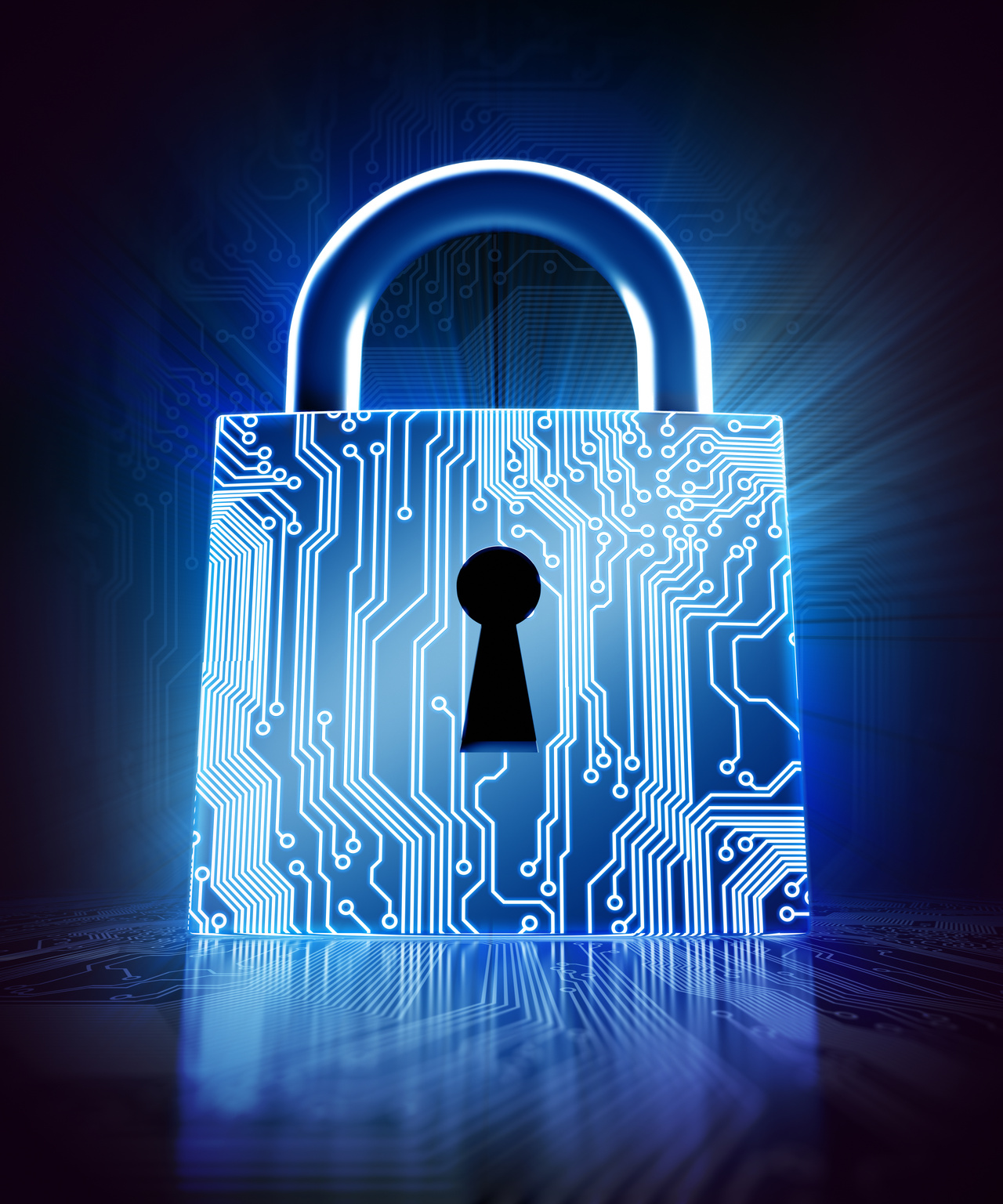 Cyber security concept: lock with circuits